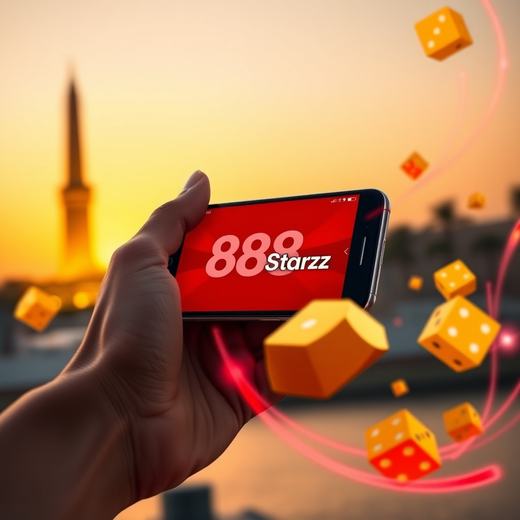 A hand holding a luxury smartphone showing the 888starz official app in red and black, background is the Cairo Tower and the Nile River at sunset with golden and red bokeh lights, 3D golden dice and red energy trails floating around, professional gambling